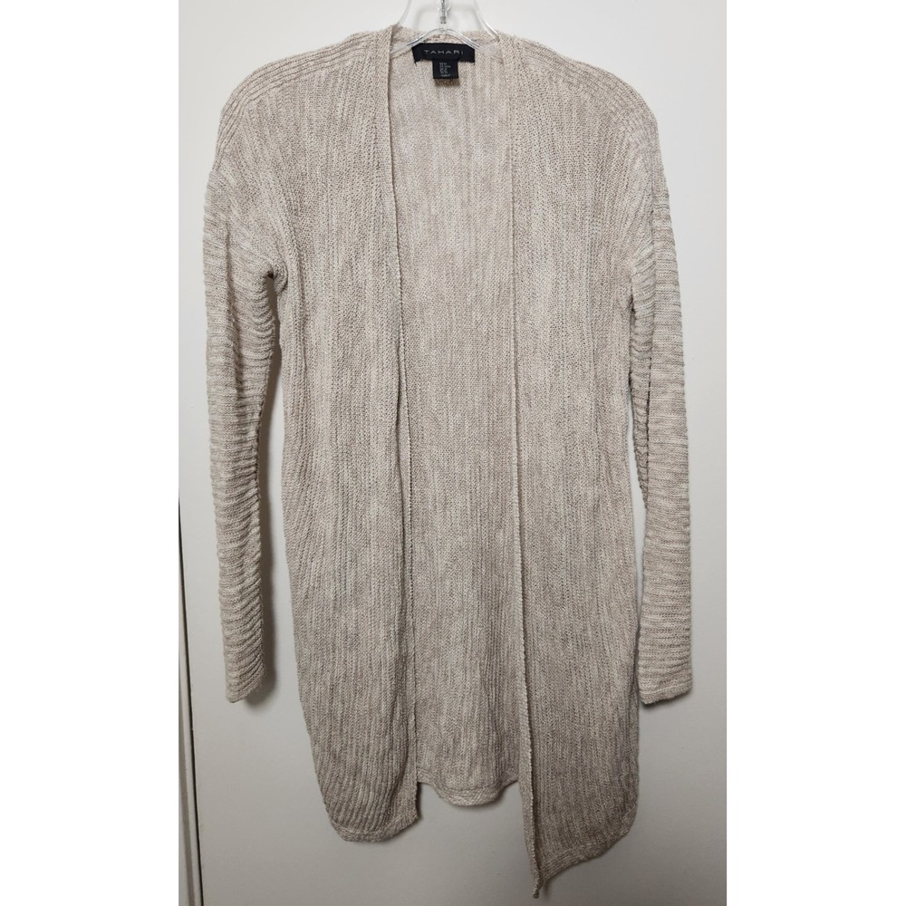 Tahari Open Front Beige Cardigan Knit Linen Cotton Medium Classic‎ Beach Neutral